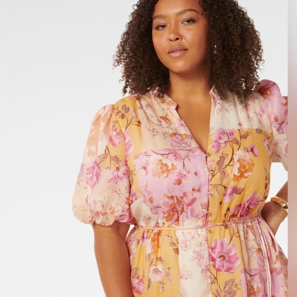 Ever New Floral Puff-Sleeve Pink & Mustard Mini Dress NWT Size 14 - Picture 14 of 16